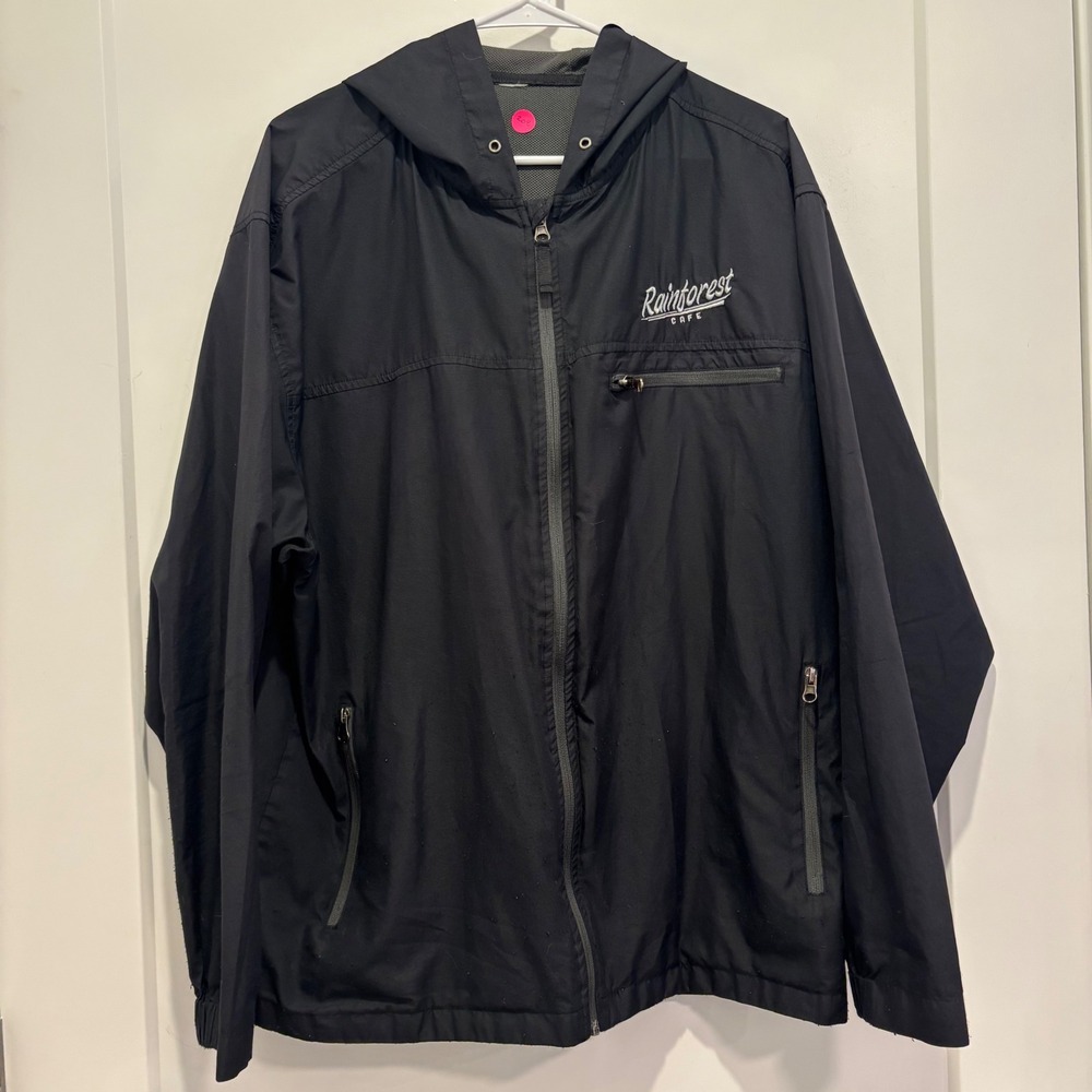 Rainforest Cafe Mens Black Hooded Windbreaker Full Zip Mesh Lined Jacket XL